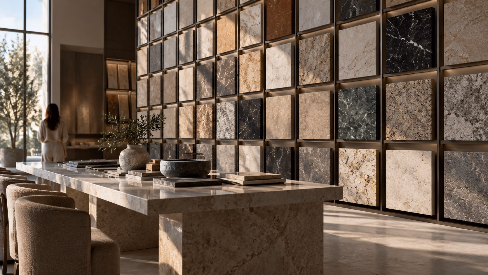 A material library wall of stone samples arranged for specification