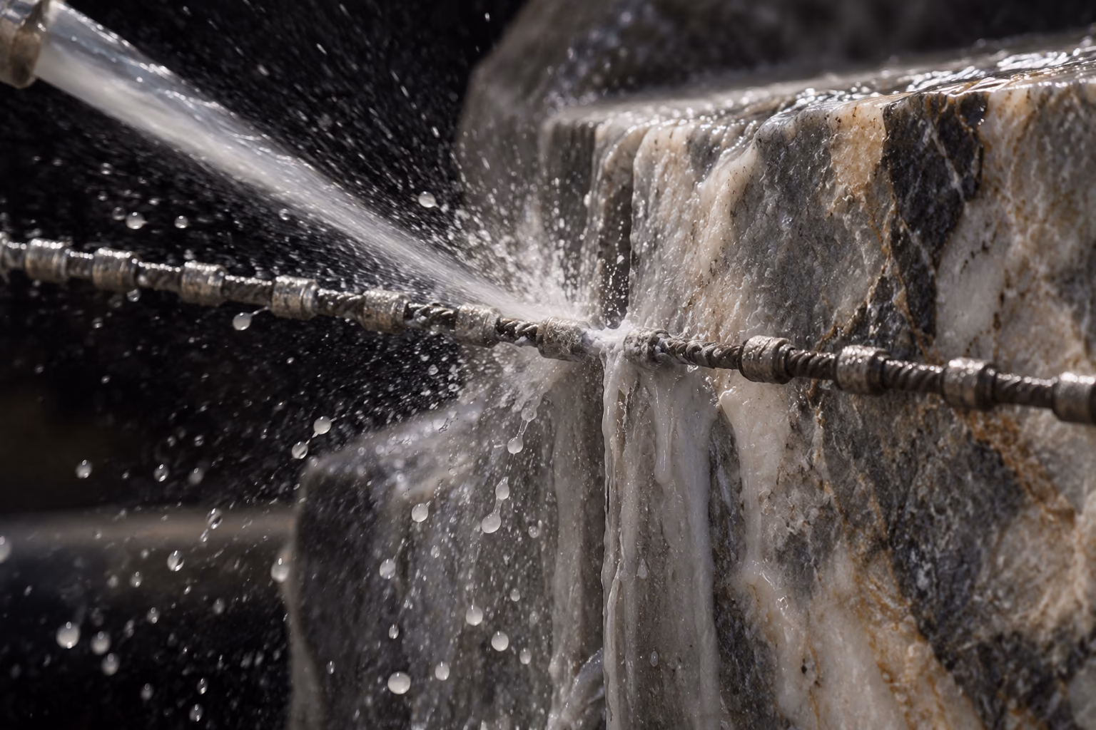 Diamond wire cutting a block, water running across the cut face