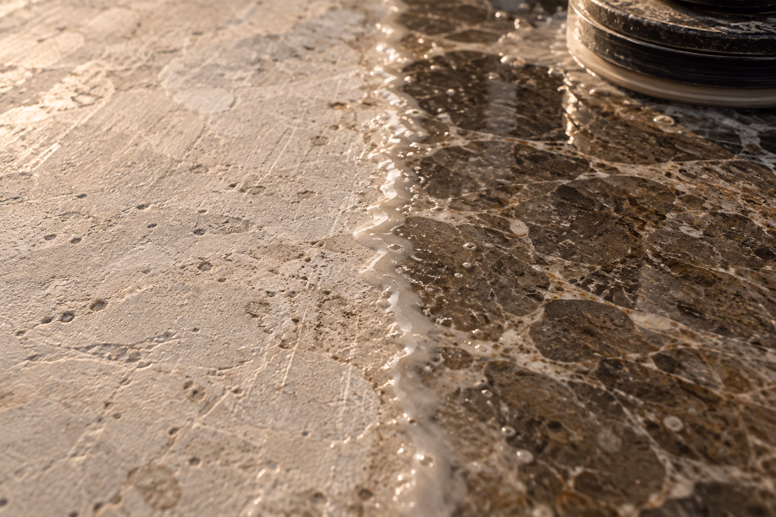 A wet slab surface turning luminous during polishing