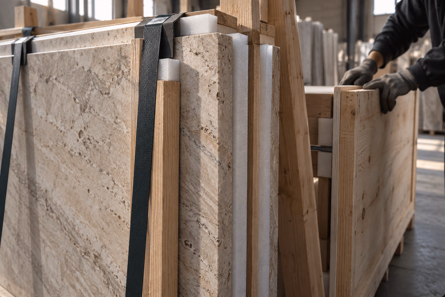 Crated slabs and A-frames prepared for container loading