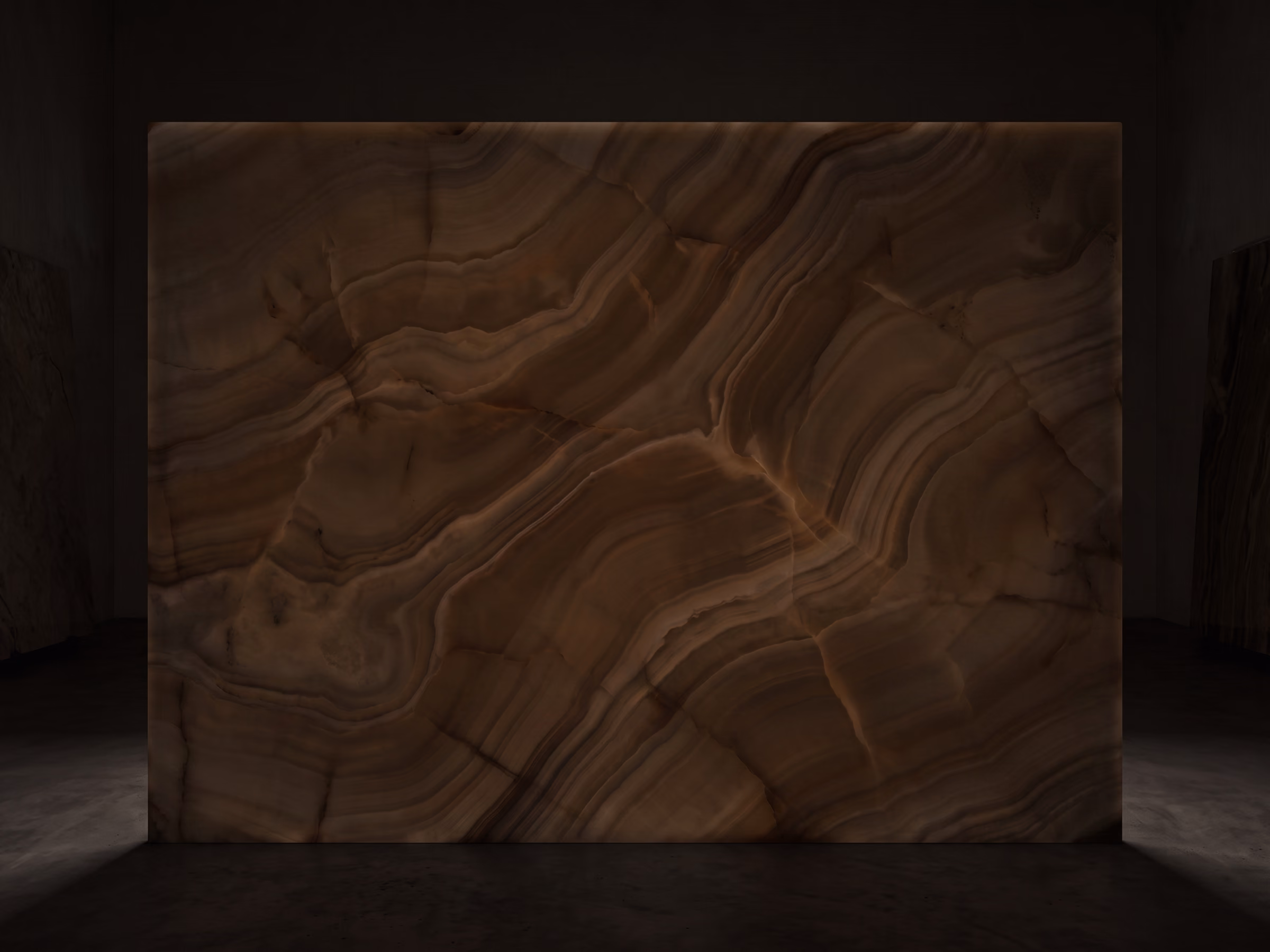 Sahara Lumen onyx slab with the backlight switched off, lit only by ambient room light