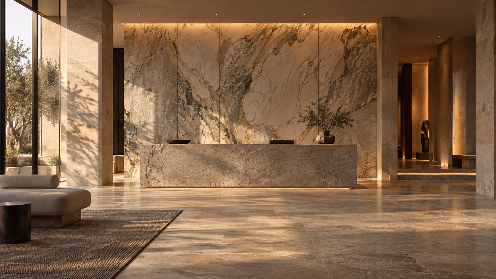 Hotel public area with stone as the primary surface material