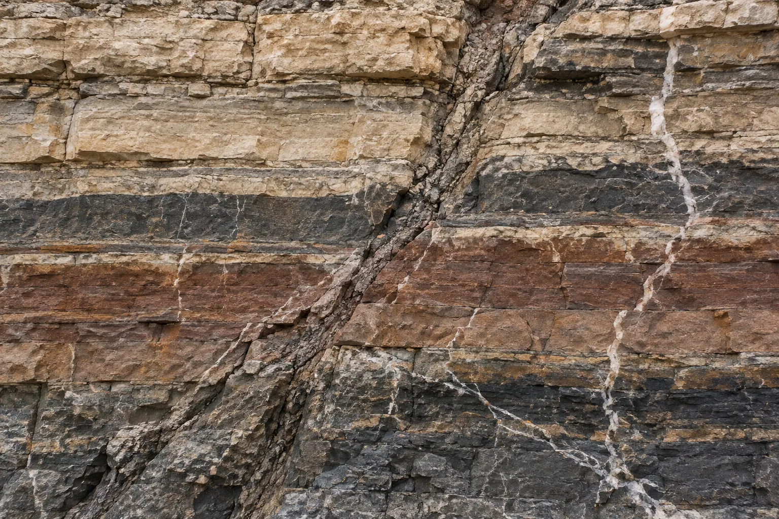 Bedded rock read in section: dark carbonate banding crossed by a bright calcite seam.