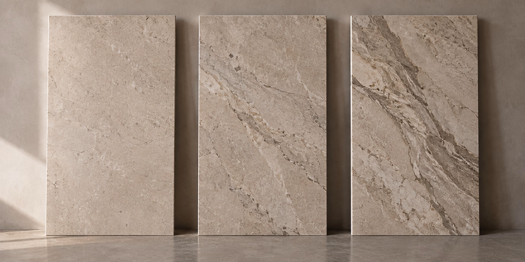 Three slabs of the same material showing uniform, moderate and substantial variation