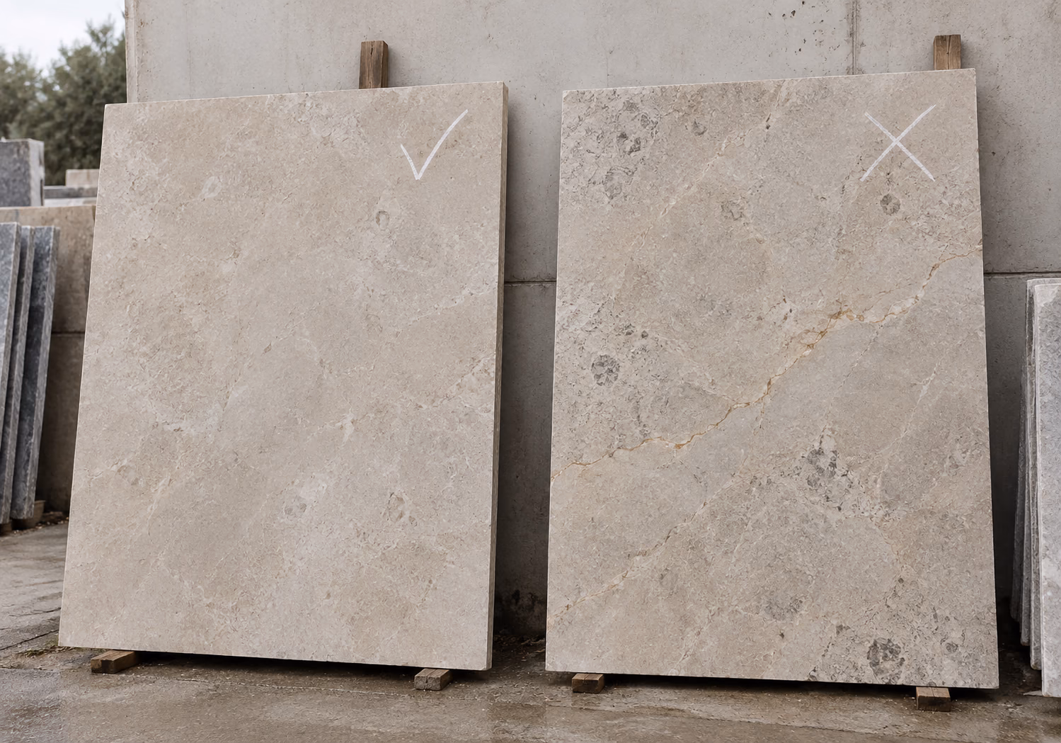 An accepted and a rejected slab of the same material shown together